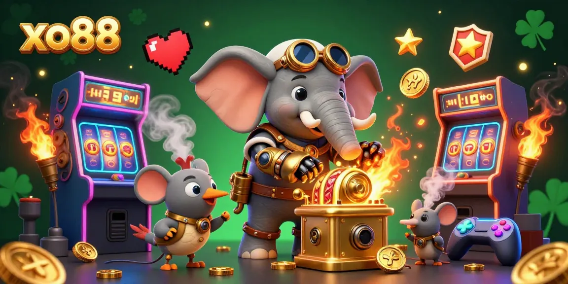 Experience thrilling gaming at xo88 with a steampunk elephant engineer and vibrant casino elements.