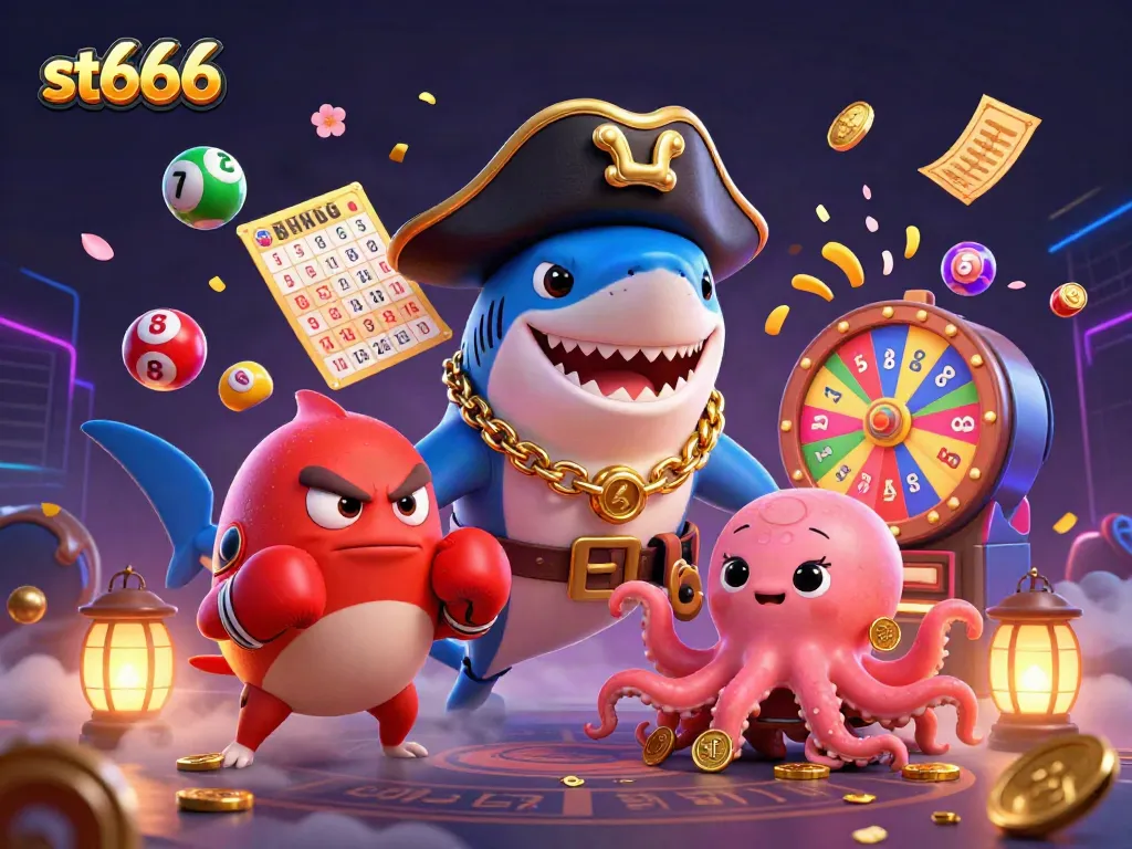 Play thrilling games at st666, featuring dynamic lottery balls and cute characters in vibrant action.