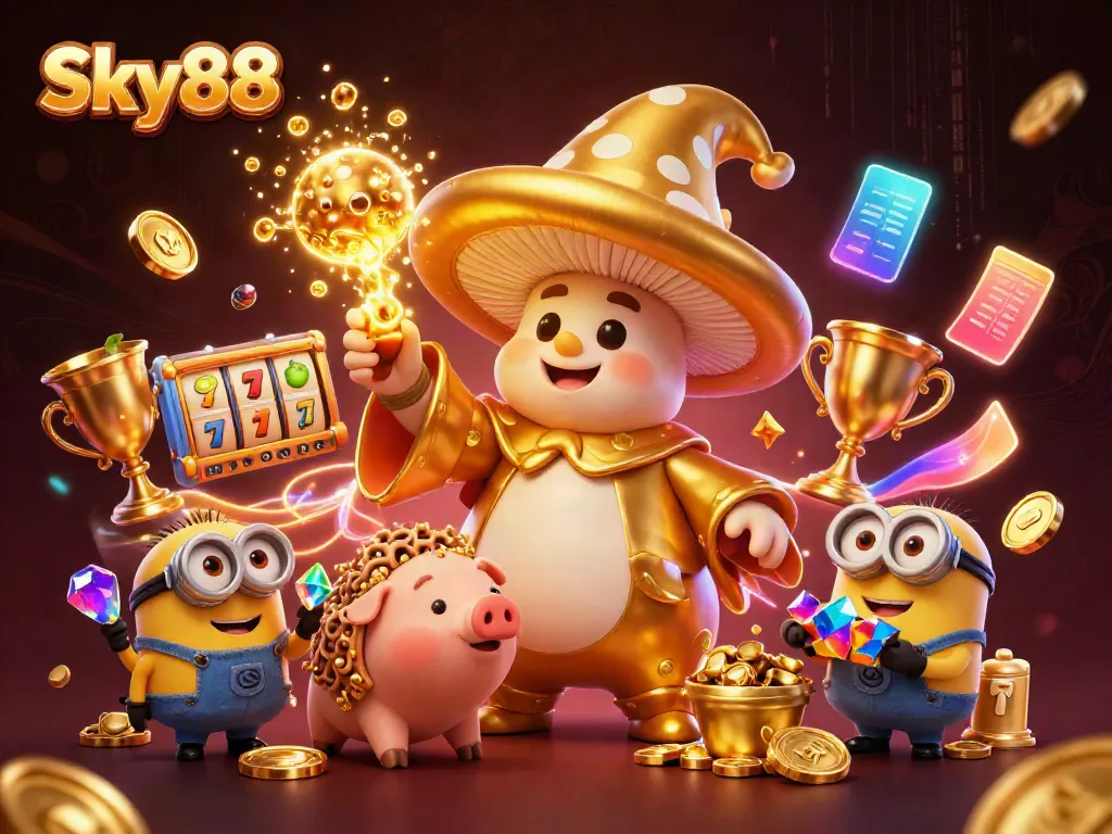 Sky88 showcases a magical golden mushroom wizard surrounded by slot game elements and treasures.