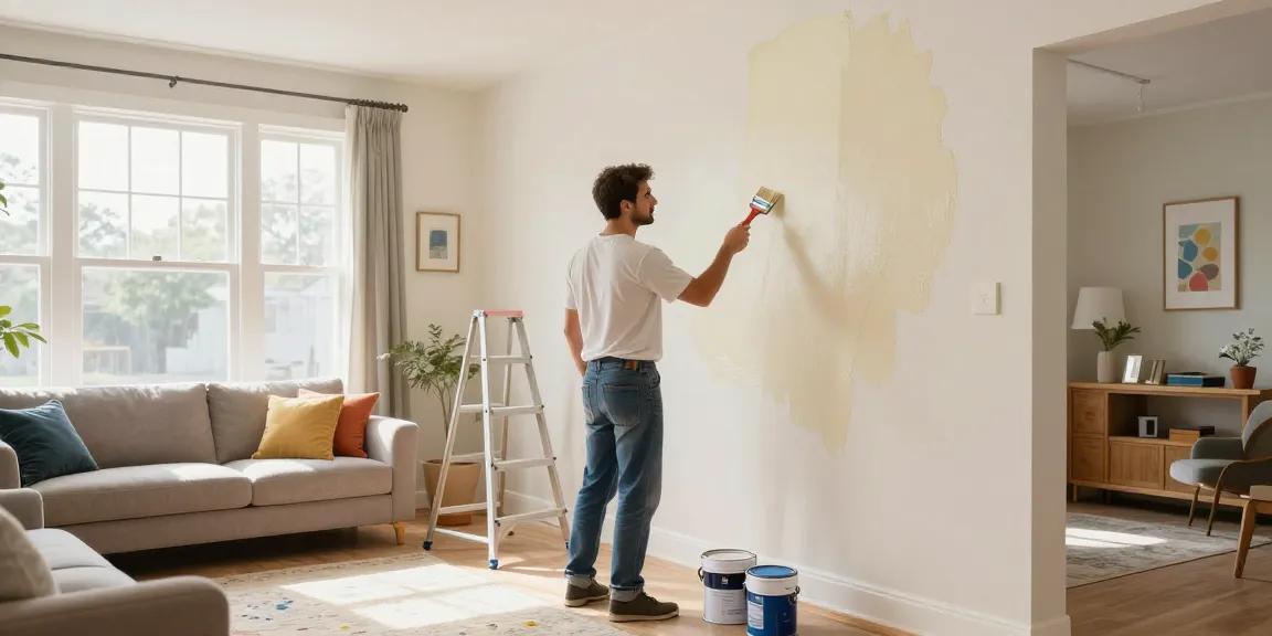 Painter in Lincoln applying fresh paint to a living room wall, showcasing quality craftsmanship.