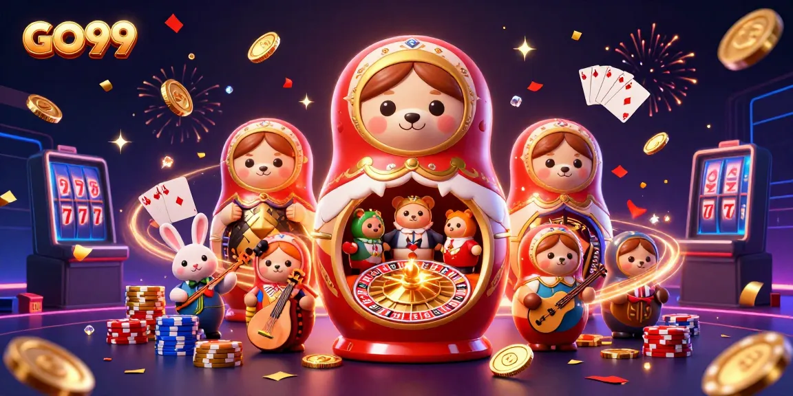 Spin the 3D casino vibes with GO99, featuring Matryoshka bears and bursting gems.