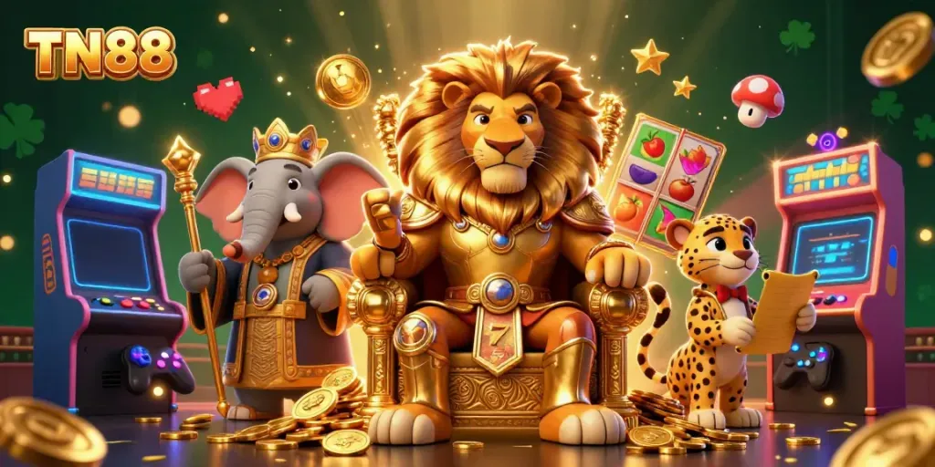 Experience the excitement of TN88 with an engaging casino illustration featuring vibrant game elements and loyal characters.