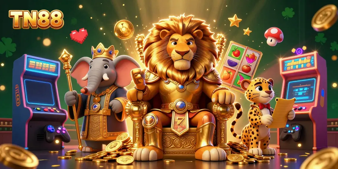 Experience the excitement of TN88 with an engaging casino illustration featuring vibrant game elements and loyal characters.