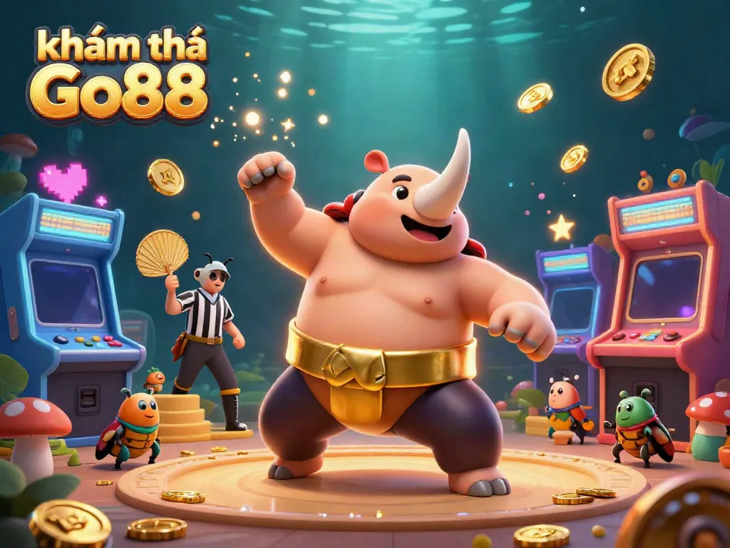 Engage in thrilling gaming action as you khám phá Go88, featuring beat-em-up characters with coins and vibrant arcade machines.