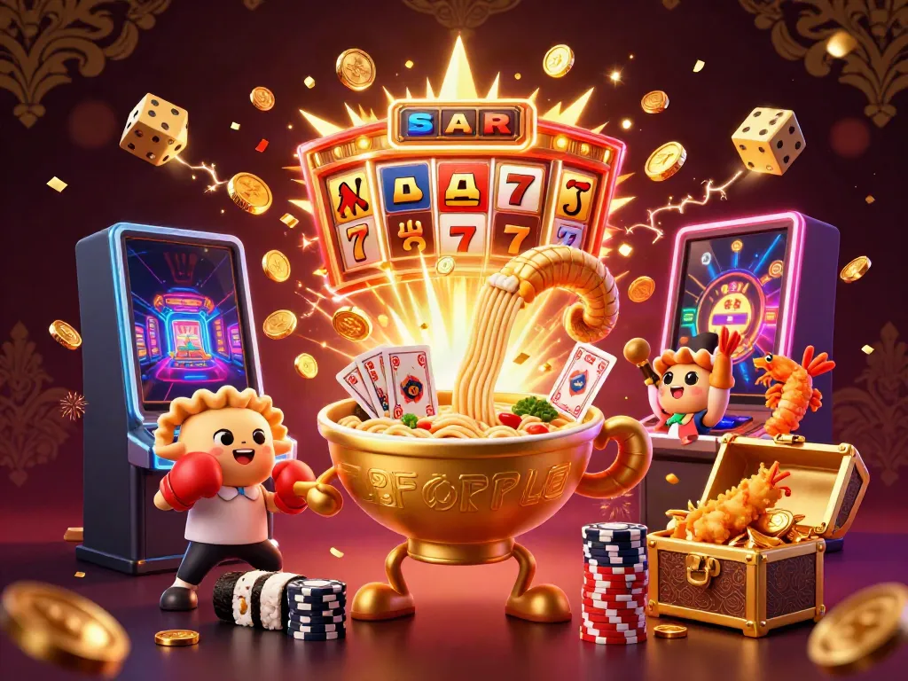 Engage with the XX8 experience featuring a dynamic 3D casino scene with a golden ramen bowl dealer and vibrant game elements.
