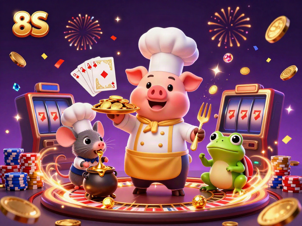 Engaging 3D illustration featuring 8S with vibrant casino elements, chef pig, sous-chef mouse, and critic frog.