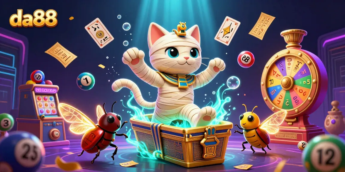 Engage with da88's vibrant 3D casino illustration featuring an Egyptian mummy cat, golden elements, and dynamic lottery actions.