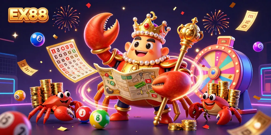 Experience excitement with EX88 in a vibrant, festive casino scene featuring a crab emperor and lottery themes.