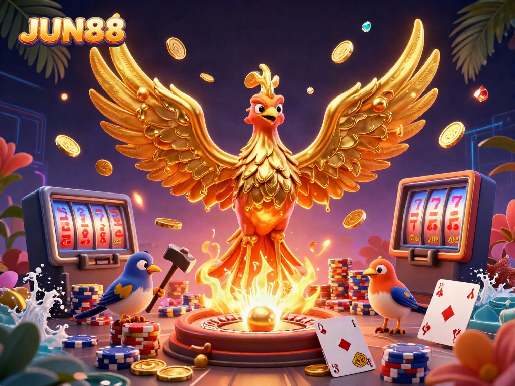 Experience the excitement of JUN88 with a molten golden phoenix and dynamic casino elements highlighting winnings.