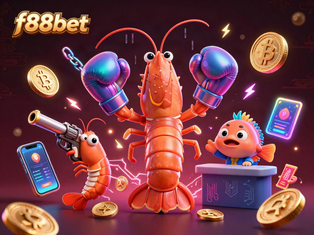 f88bet showcases a vibrant 3D casino scene with cartoon characters and crypto elements