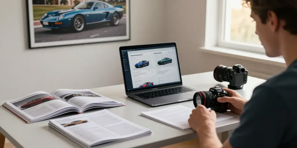 Car enthusiast reviewing car models with detailed car review summaries.
