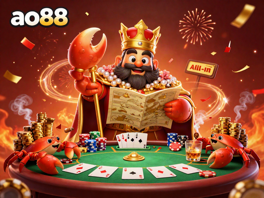 Experience the thrilling excitement of ao88 with the golden crab emperor leading a vibrant poker scene filled with colorful chips and cards.