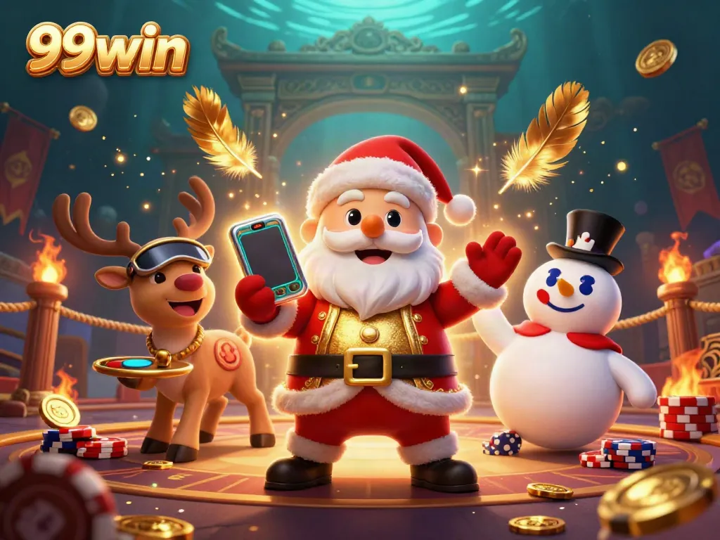 Experience the excitement of 99win with Santa Claus, a reindeer dealer, and a poker chip snowman in a vibrant casino scene.