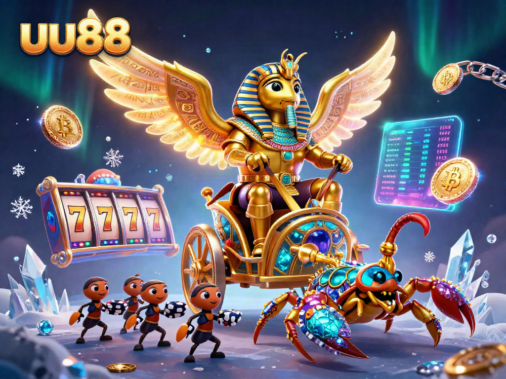 Join the excitement at uu88 with a vibrant casino theme featuring a golden scarab and slot elements.