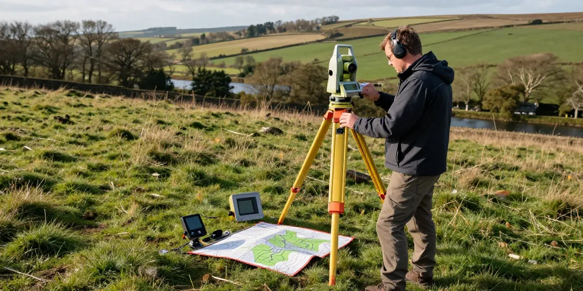 Topographical surveys in action with a land surveyor using total station equipment in a picturesque UK landscape.