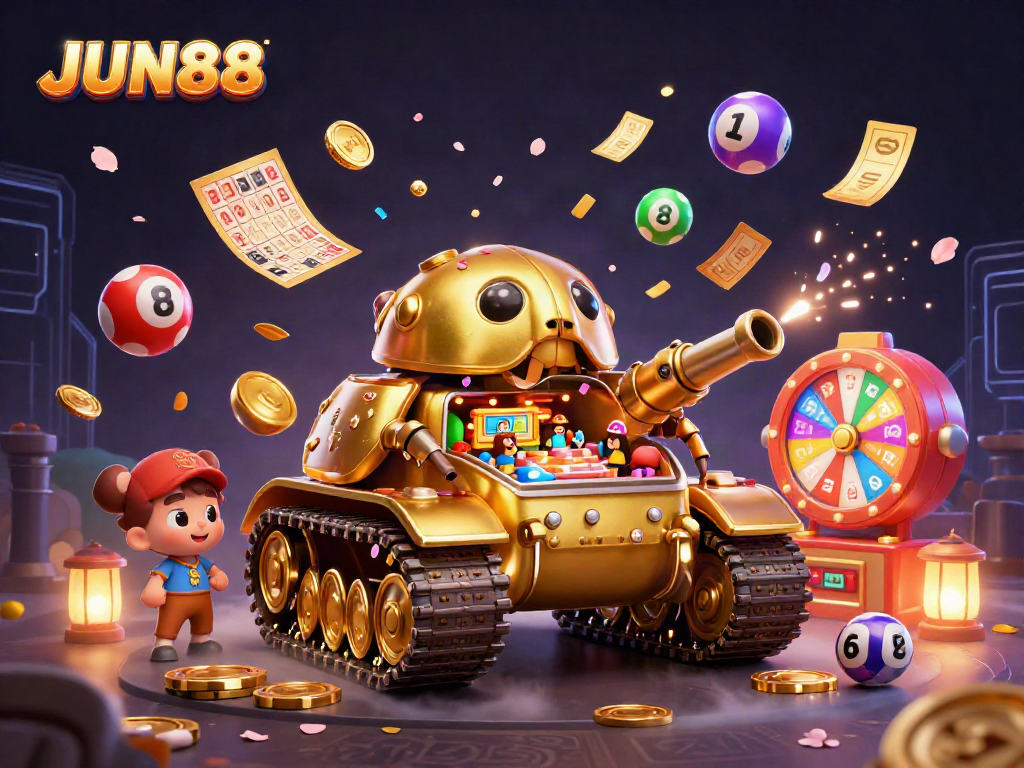 Experience JUN88's exciting miniature casino scene inside a golden beetle tank, surrounded by vibrant lottery elements.