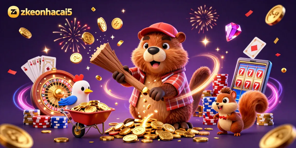Catch the excitement at zkeonhacai5 with a beaver chopping gold coin trees in a vibrant casino scene.