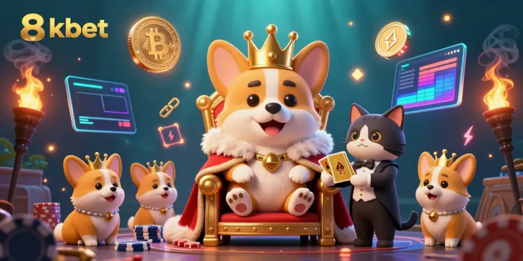 Experience thrilling rewards at 8xbet with a royal corgi overseeing a lively poker scene filled with vibrant game elements.