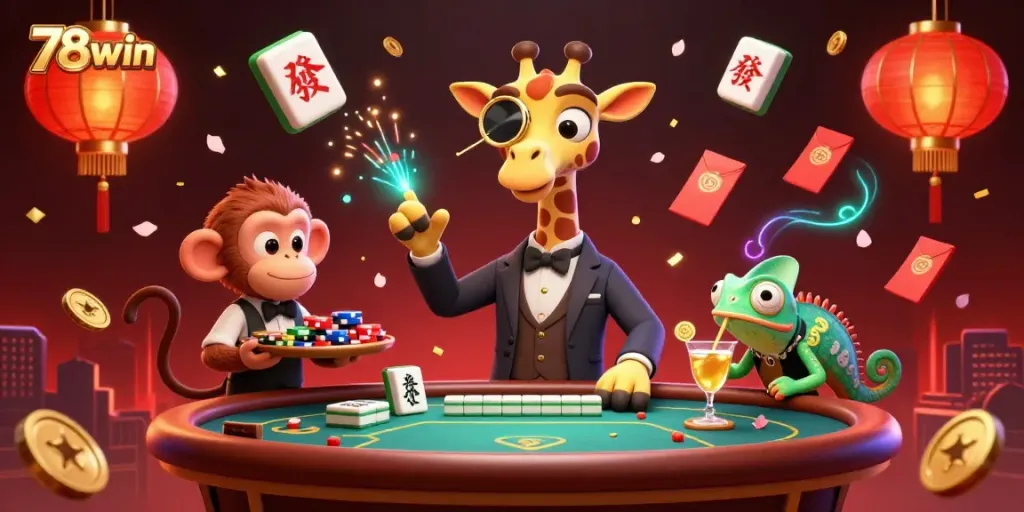 Experience the vibrant energy of winning at 78win with a high-roller giraffe at a VIP poker table.