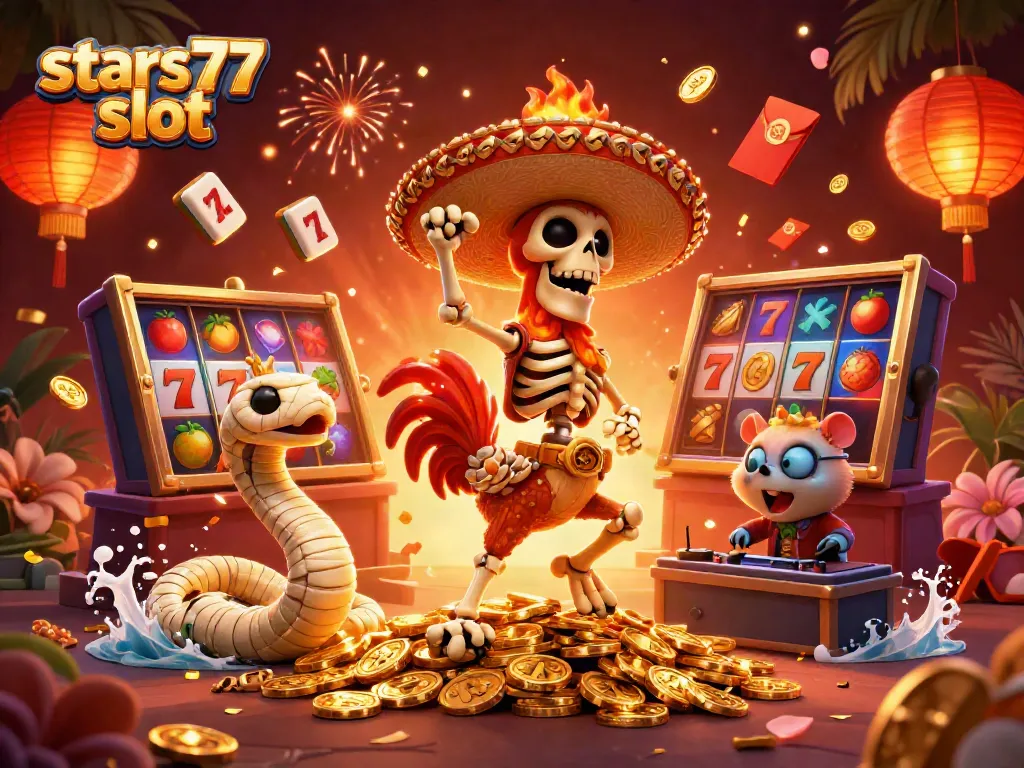 Putaran slot di slots77 dengan karakter kartun ceria dan elemen keberuntungan lainnya.
