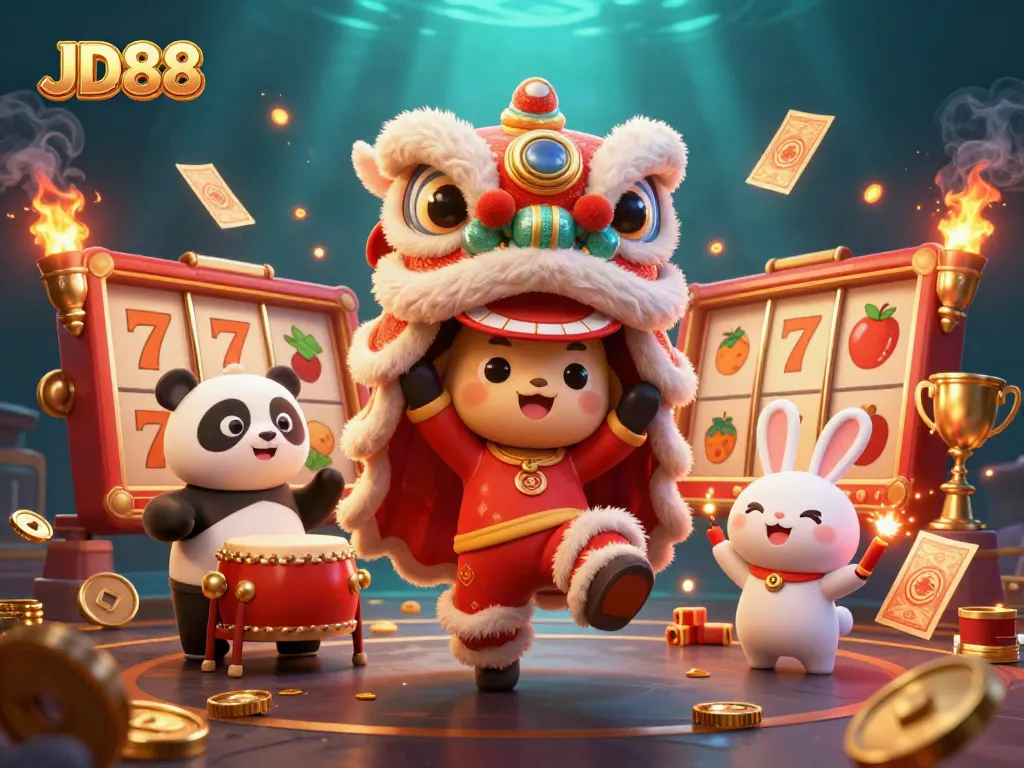 Engage with JD88's vibrant casino scene featuring luck and celebration through iconic symbols.