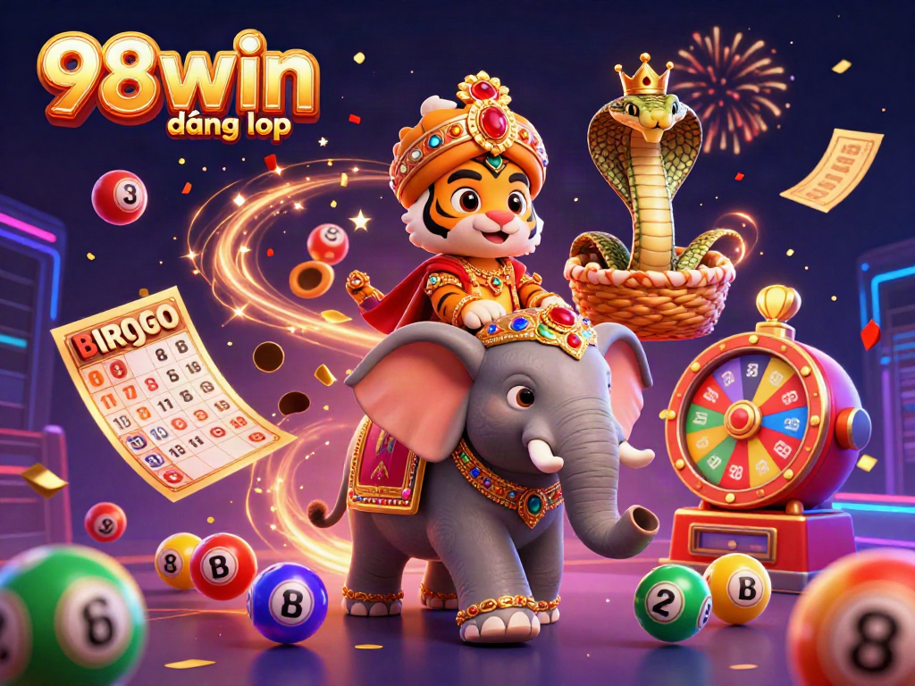 Experience the excitement of 98win đăng nhập with a vibrant 3D casino themed illustration showcasing various gaming elements.