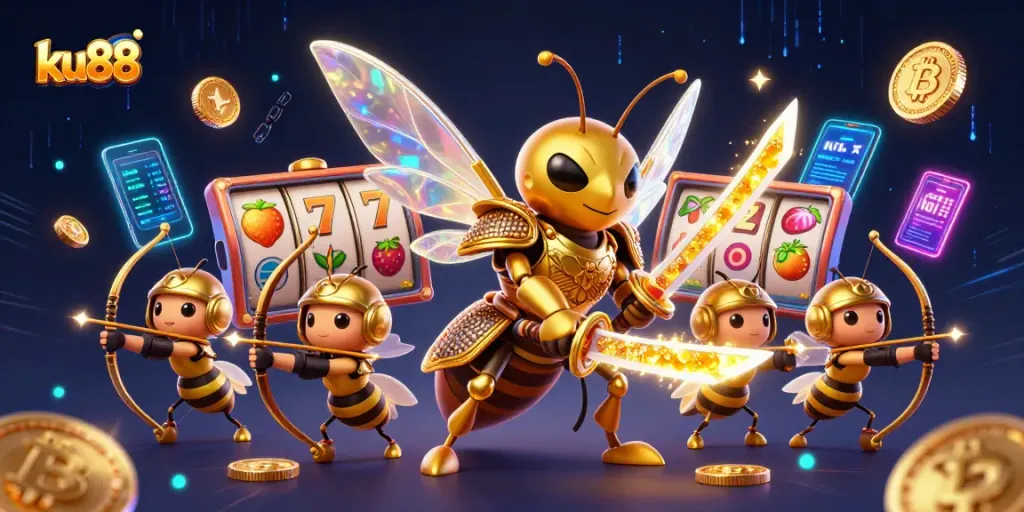 Engage with ku88's exciting slots atmosphere featuring vibrant characters and casino elements.