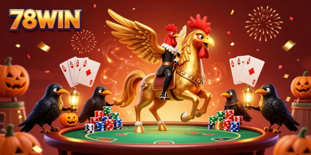 Engage with the thrilling world of 78WIN as a golden rooster rides through a vibrant casino scene filled with poker action and festive elements.