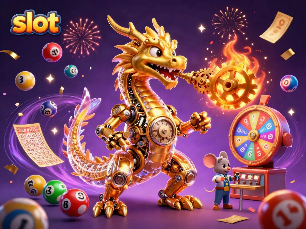 Engage with the slot experience as a golden dragon breathes gears amidst dynamic game elements