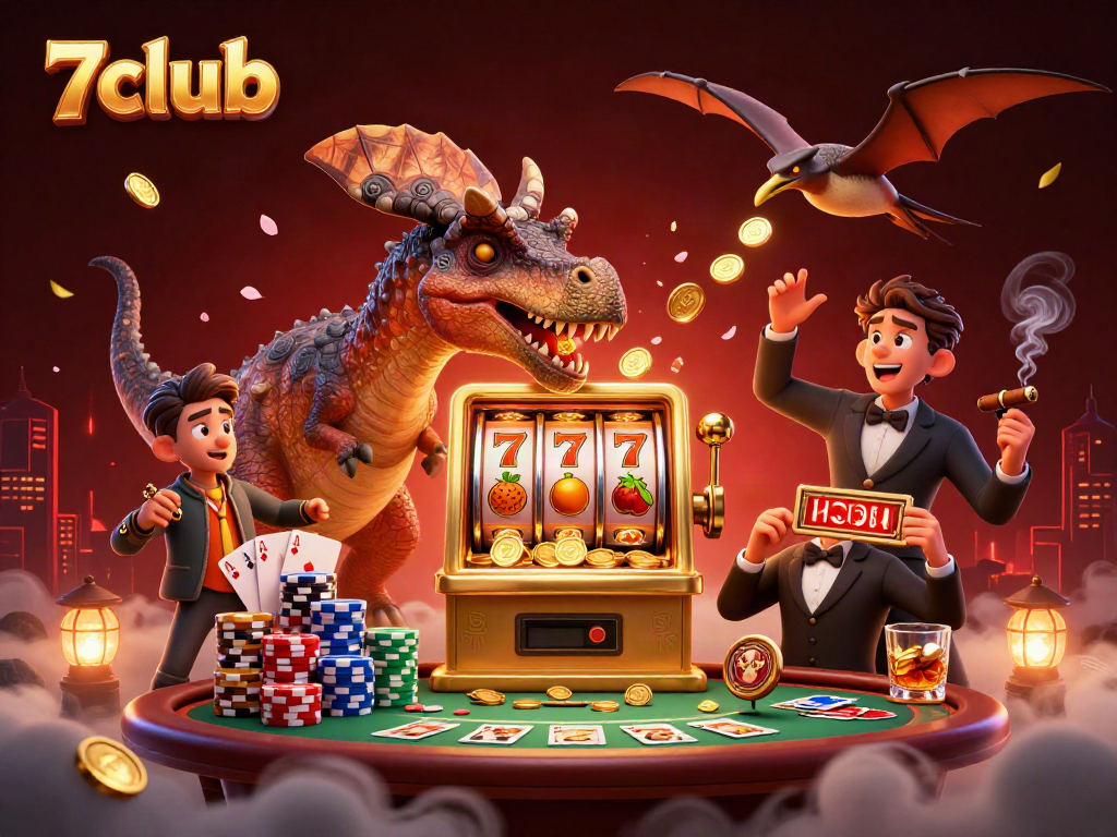 Experience the thrill of 7club with a dynamic 3D scene of vibrant characters and casino elements.