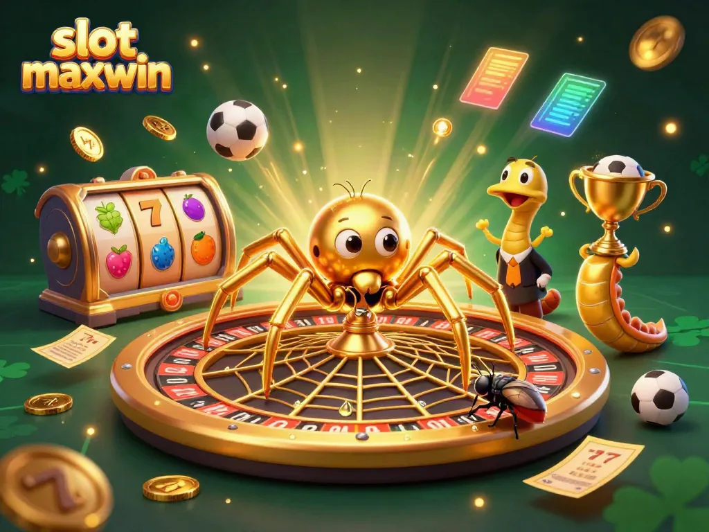 Experience slot maxwin excitement with a lively 3D scene featuring a golden spider and vibrant gaming elements.