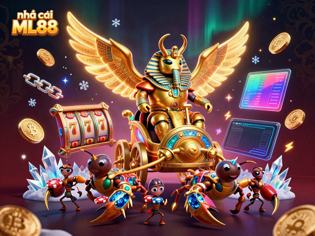 Experience the thrill of betting at nhà cái ML88 through an intricate 3D casino scene with vibrant elements.