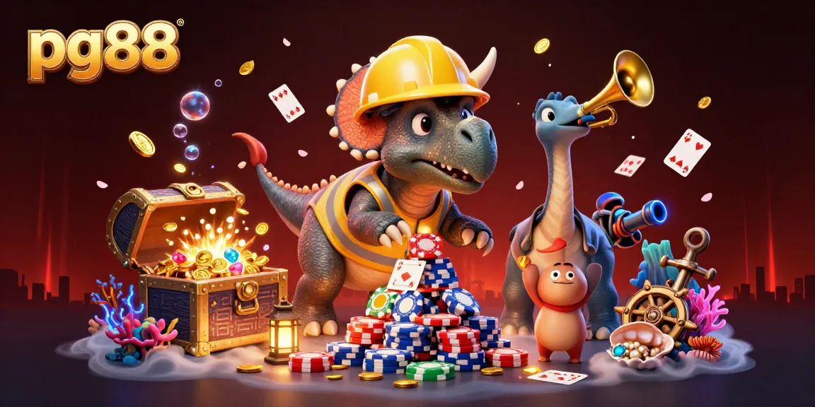Engage in thrilling games at pg88 with a vibrant casino illustration showcasing lively dinosaur characters celebrating.