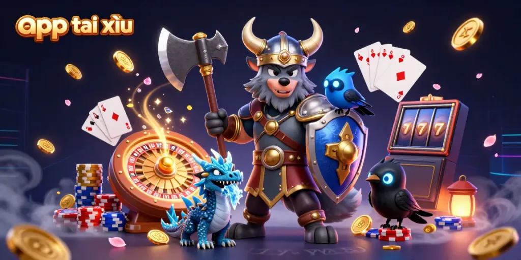 Experience the thrill of app tài xỉu with Viking warrior, dragon, and raven amidst gaming excitement.