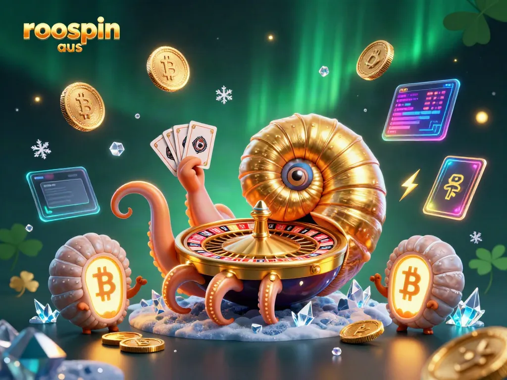 Experience the excitement of roospin aus with a vibrant 3D casino scene featuring a giant nautilus roulette wheel.