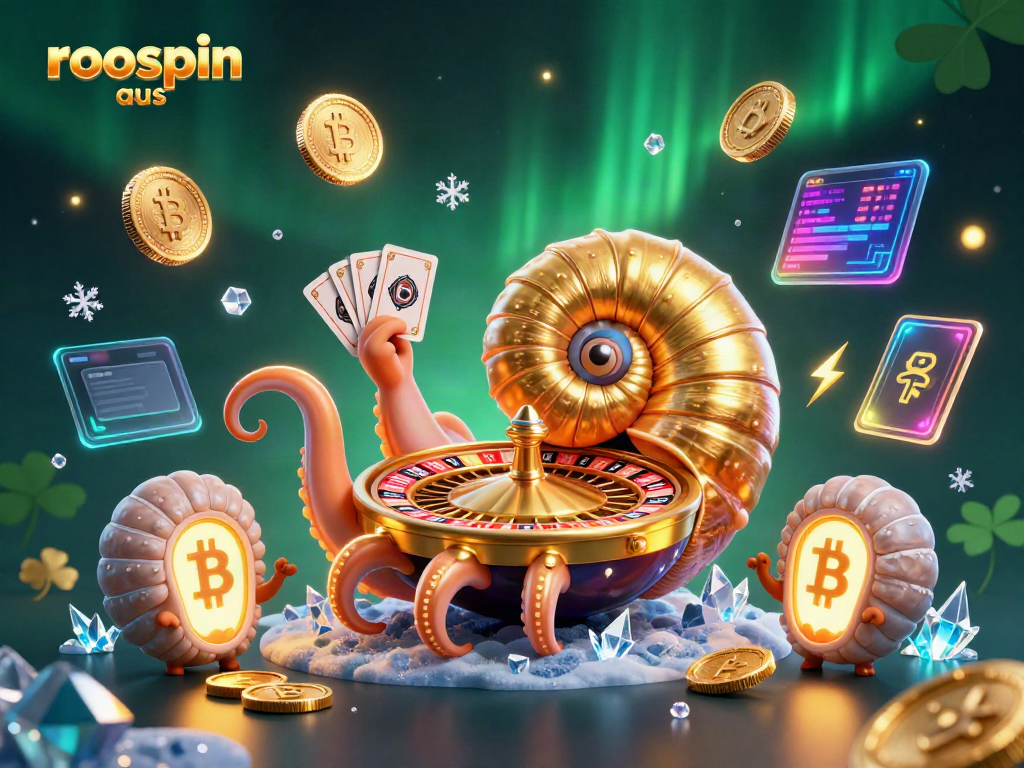Experience the excitement of roospin aus with a vibrant 3D casino scene featuring a giant nautilus roulette wheel.