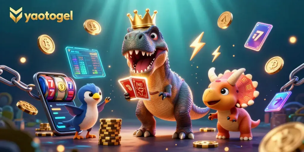 yaotogel offers thrilling card games with a playful T-Rex and friends in a vibrant casino scene