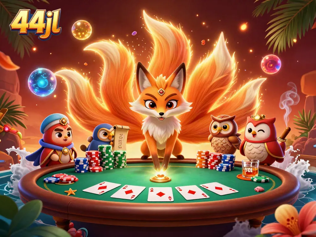 Experience the thrill of poker at 44jl, featuring a magical fox spirit and vibrant game elements.