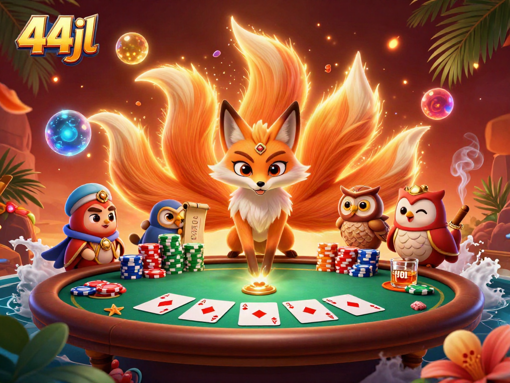Experience the thrill of poker at 44jl, featuring a magical fox spirit and vibrant game elements.
