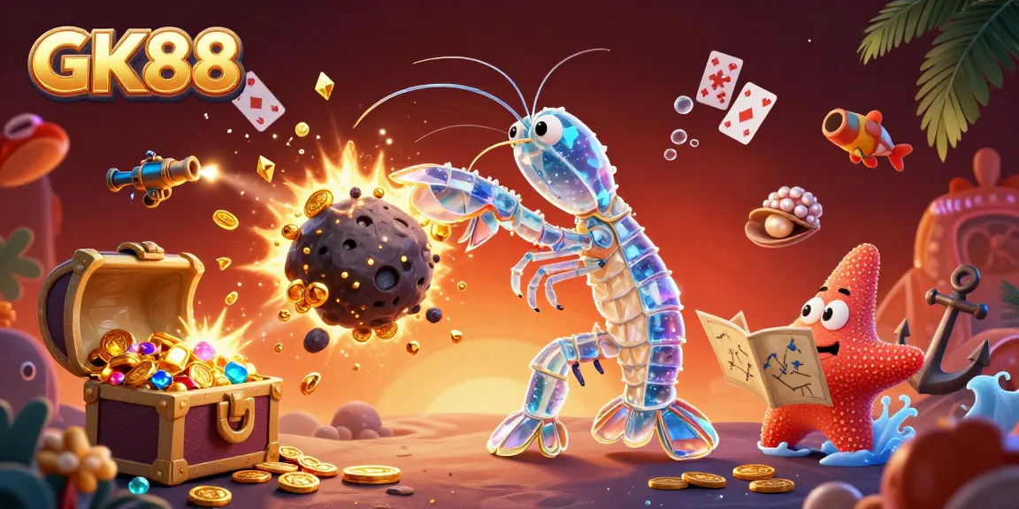 Experience GK88 casino adventure with exciting 3D samurai mantis shrimp battling gems and coins.