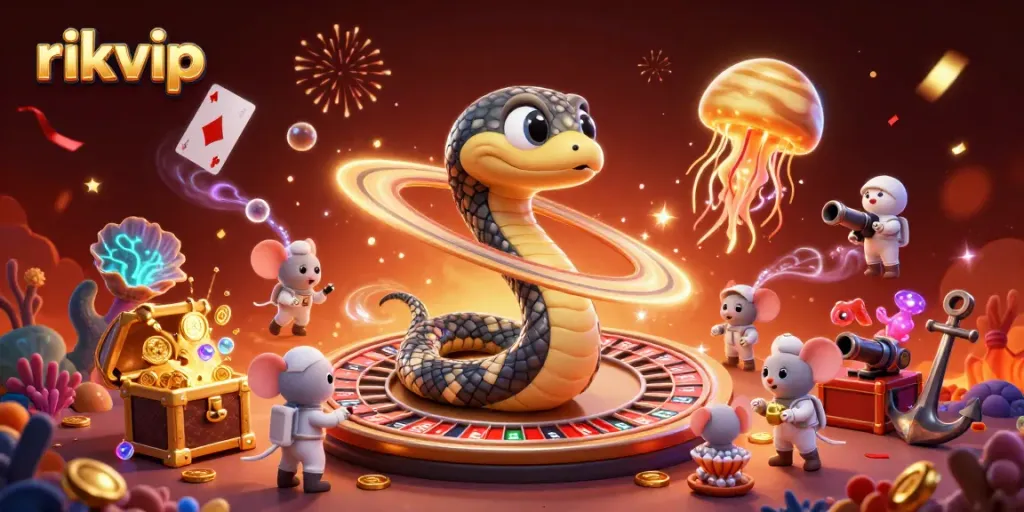 Experience the excitement of rikvip with a 3D illustration of cosmic gambling features and characters.