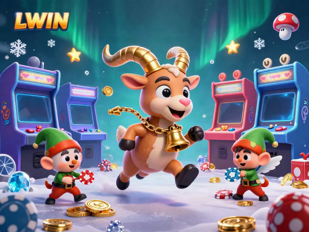 LLWIN presents a vibrant 3D casino scene showcasing cartoon characters amidst gaming excitement and festive cheer.