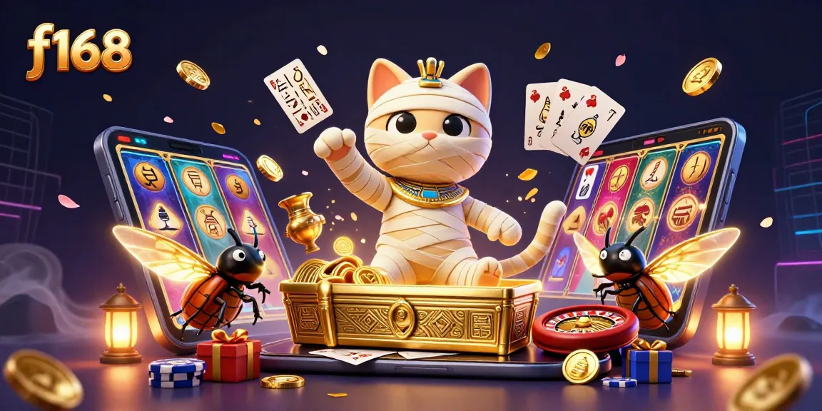 Experience the thrill of f168 with a mummy cat in a vibrant casino scene filled with games and excitement.