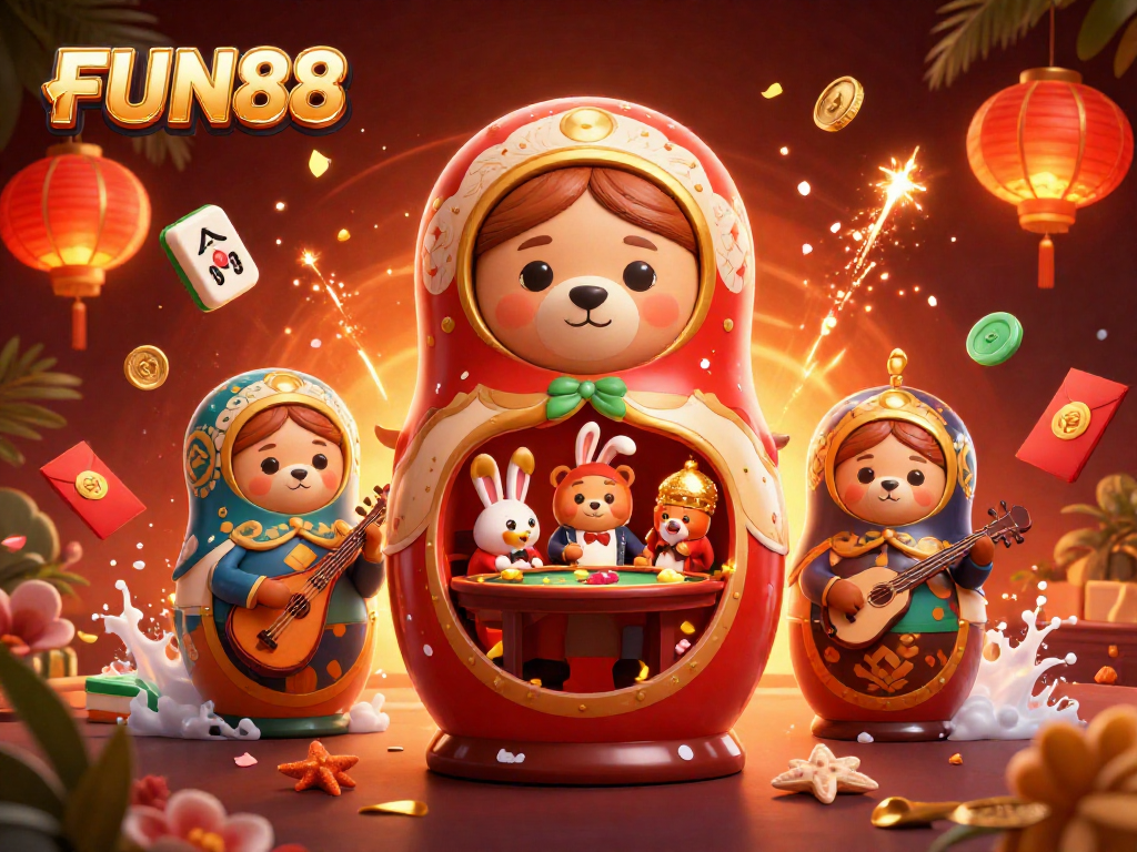Experience winning excitement with FUN88 as adorable 3D casino characters celebrate amidst vibrant game elements.