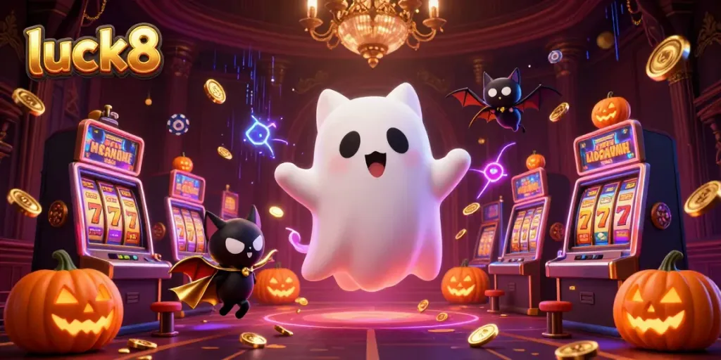 Engage luck8's thrilling experience with a ghost cat and vampire bat in a haunted casino.