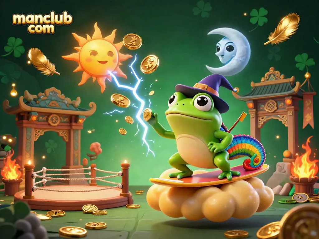 Engage with manclub com as a wizard frog creates a golden coin storm in 3D casino illustration.