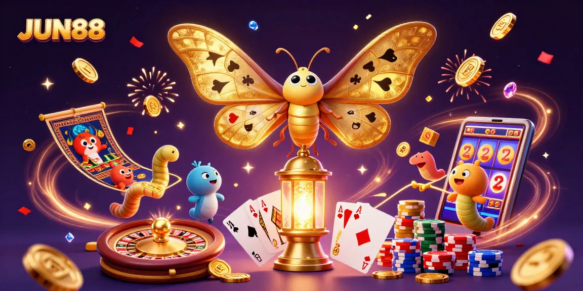 Experience thrilling slots and casino games with JUN88's vibrant 3D illustration showcasing excitement and rewards.