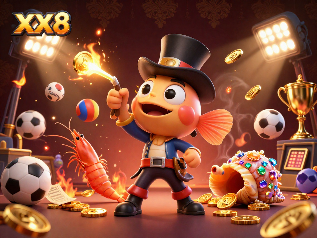 Engage with the vibrant XX8 casino scene featuring a glowing anglerfish, pirate shrimp, and treasure snail.