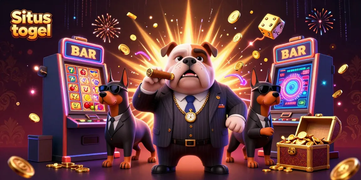 Engage with activities on Situs togel illustrated by a mafia boss bulldog and Doberman bodyguards amid dynamic casino elements.