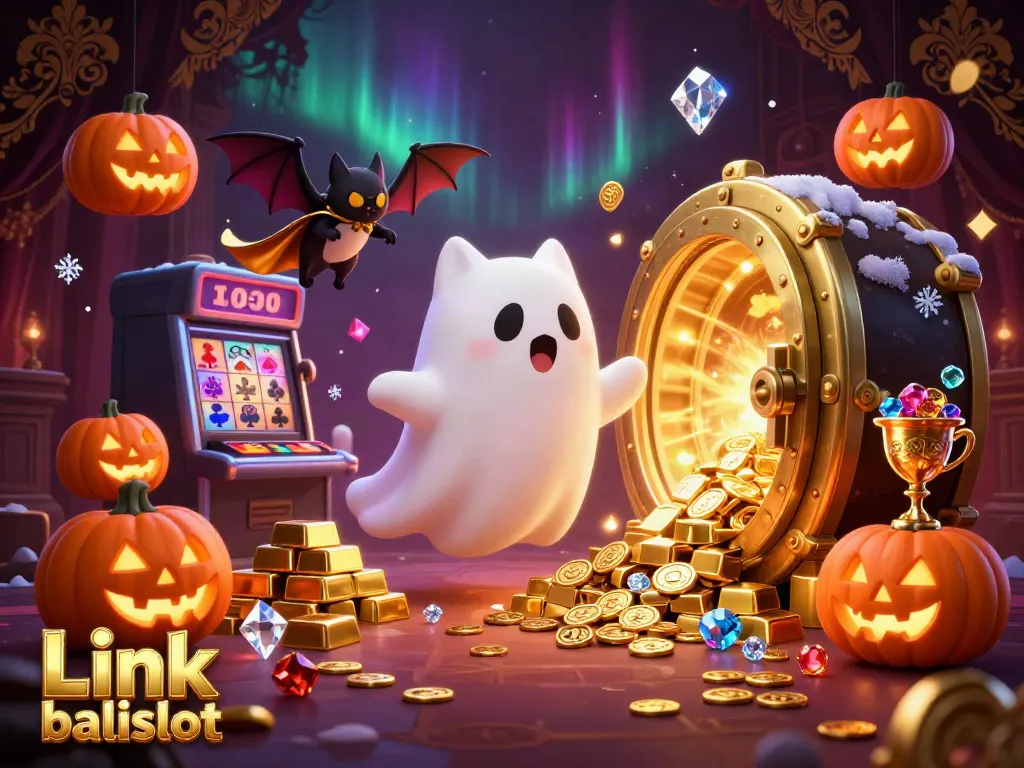Engage with casino excitement using Link balislot surrounded by enchanting ghost cat, vampire bat, and festive jack-o-lanterns.